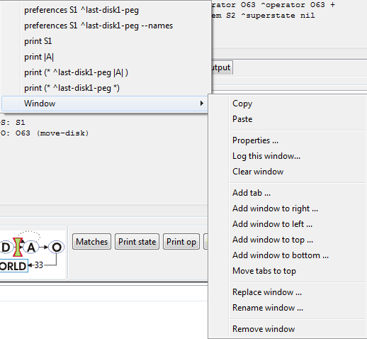 Screenshot of the debugger's Window context menu as a child of another context menu